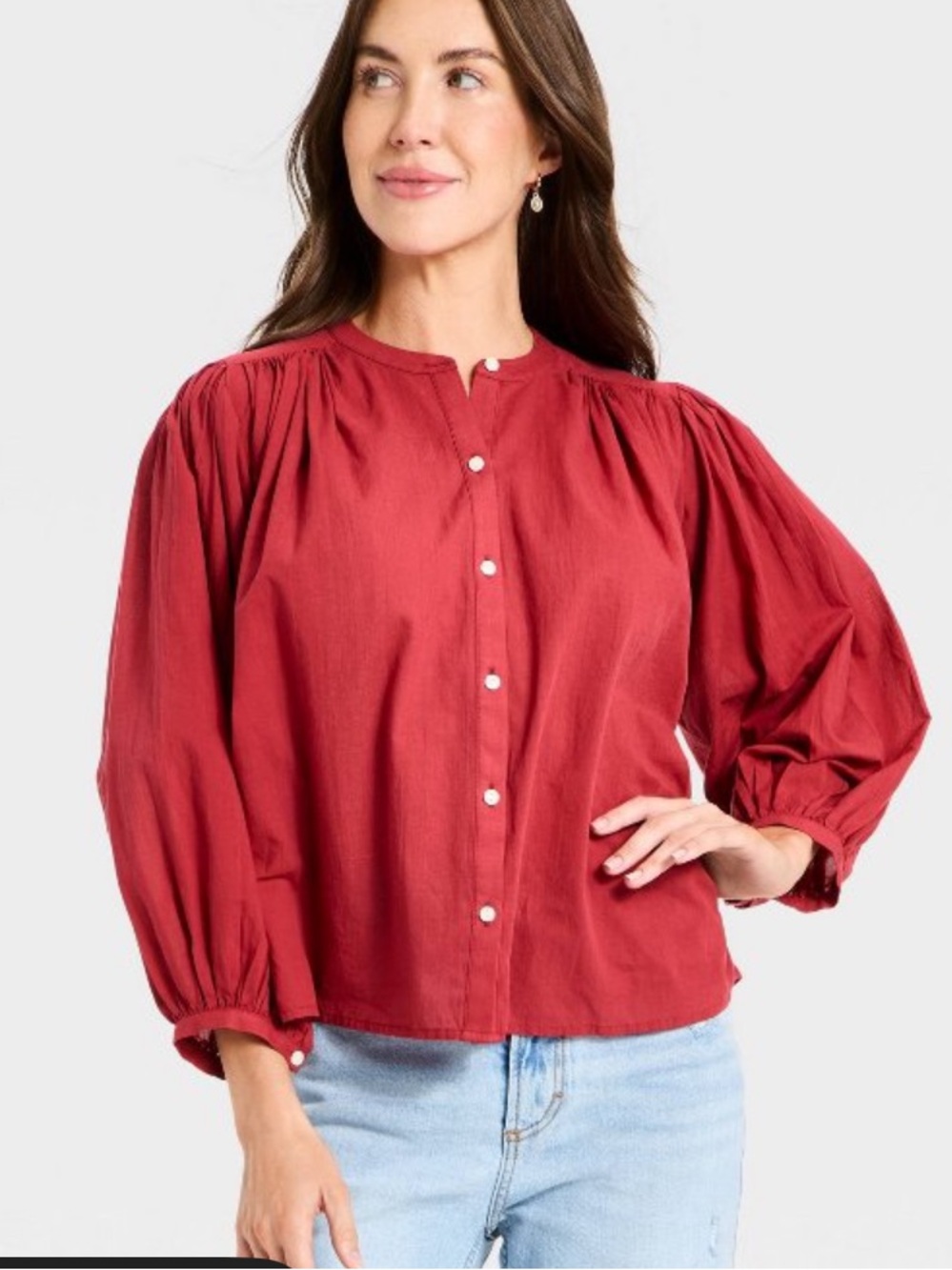 Universal Thread Red Button-Front Puff Sleeve Blouse